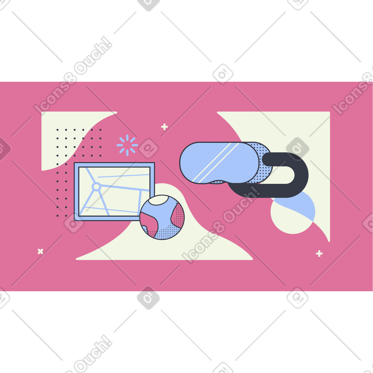 Virtual reality goggles, map, and the earth model illustration in PNG, SVG