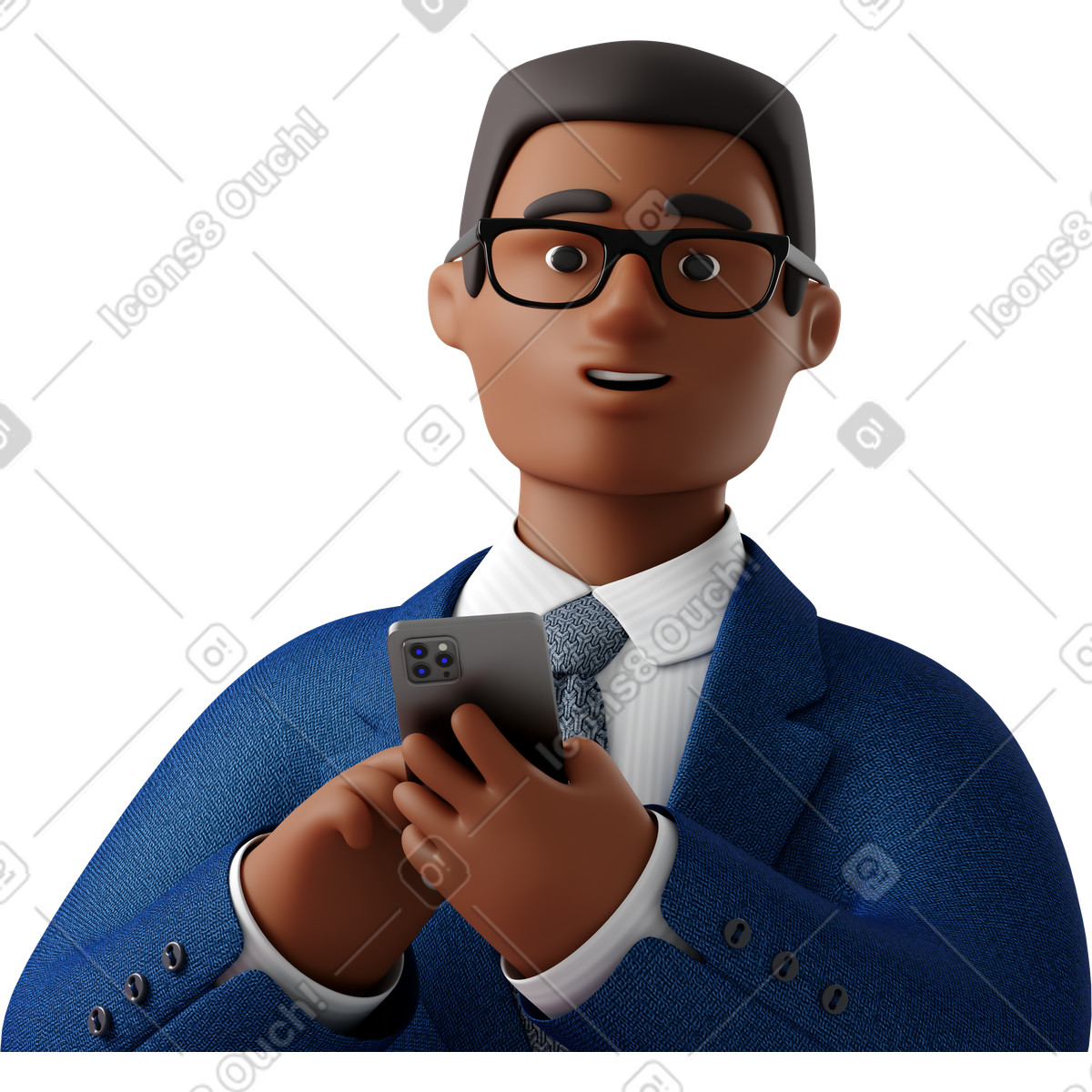 Close up of black businessman in blue suit with phone looking straight-Illustration im 3D Business-Stil als Download PNG, SVG