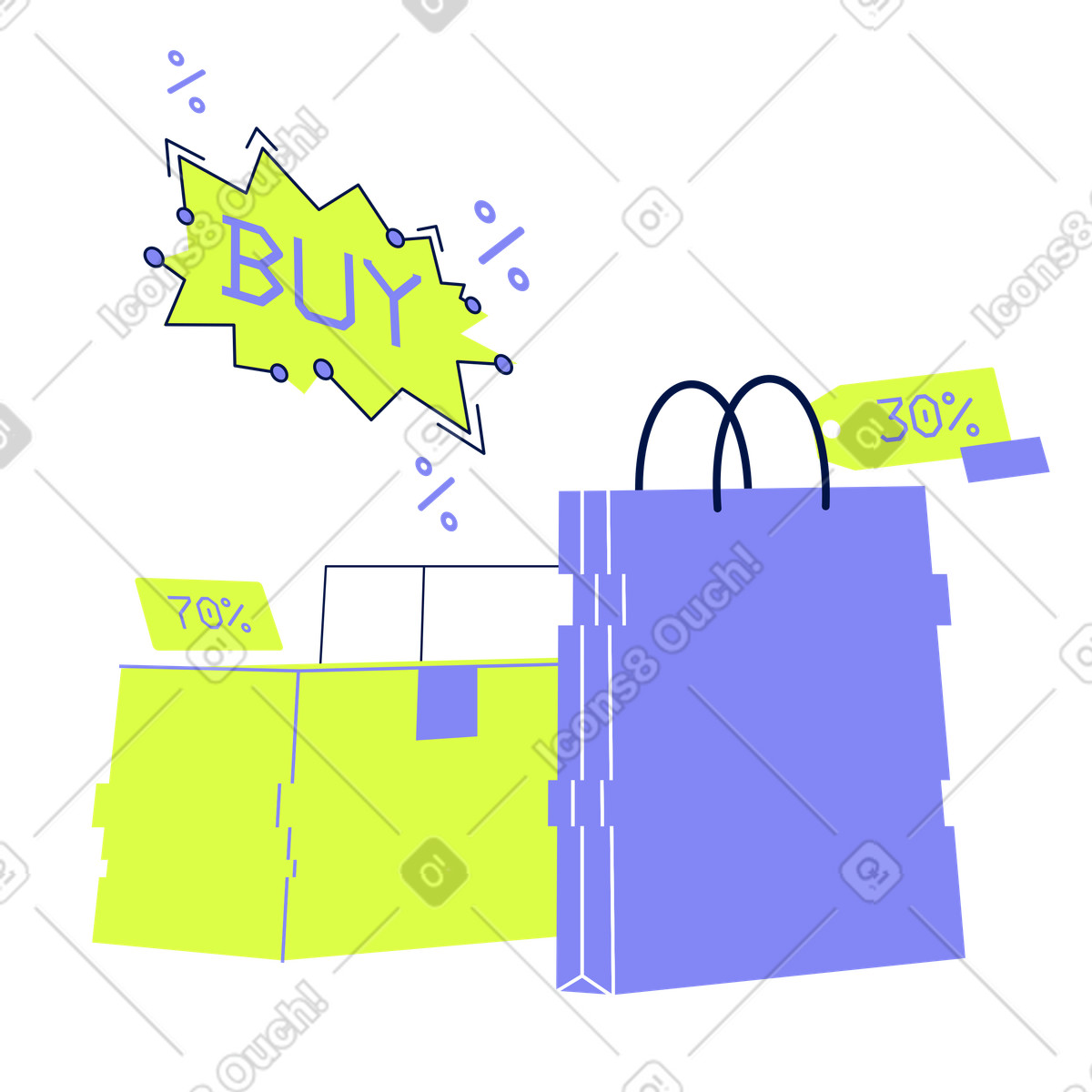 Ilustración Shopping bags with discount tags, offers for E-commerce en estilo Glow a descargar en PNG y SVG