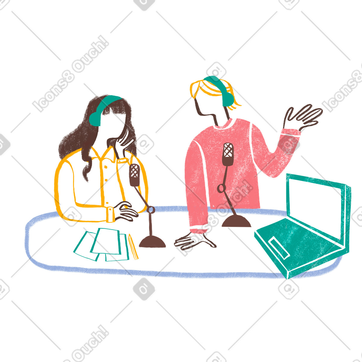 Two hosts talking on a podcast illustration in Company style download in PNG, SVG