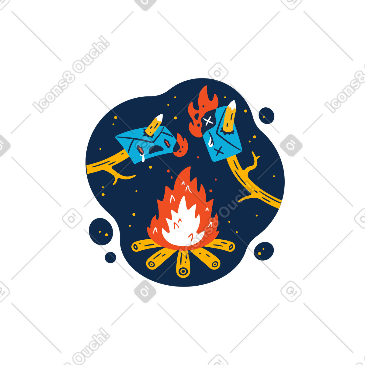 Illustration Feu de camp avec des enveloppes brûlantes sur branches dans le style Flame à télécharger aux formats PNG, SVG