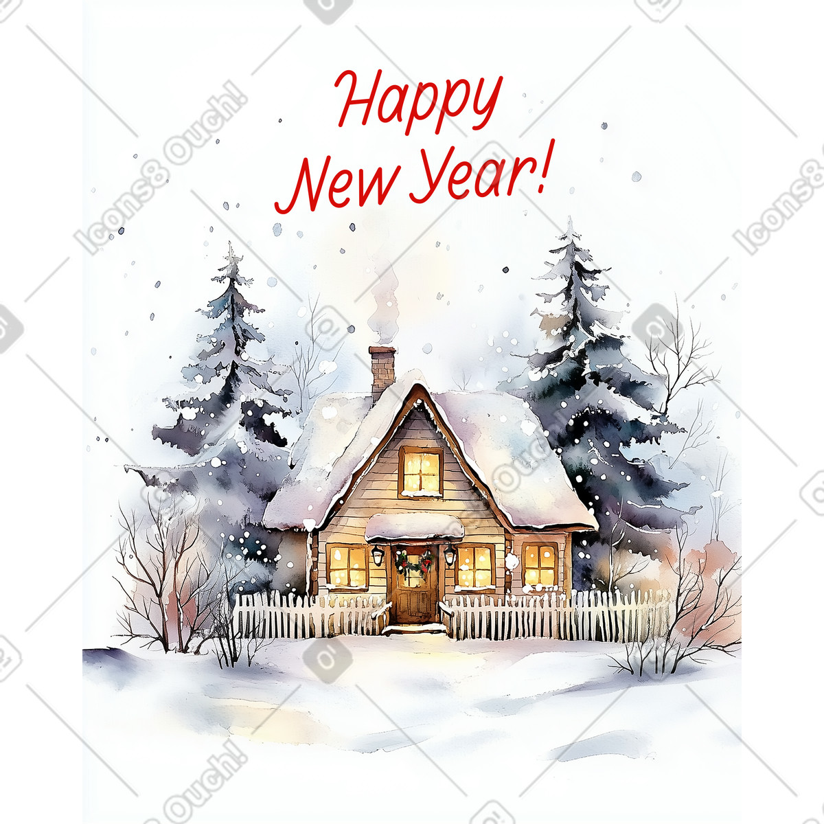 Postcards スタイルの 居心地の良い家と新年おめでとうのレタリング のイラストをPNG、SVG形式でダウンロード