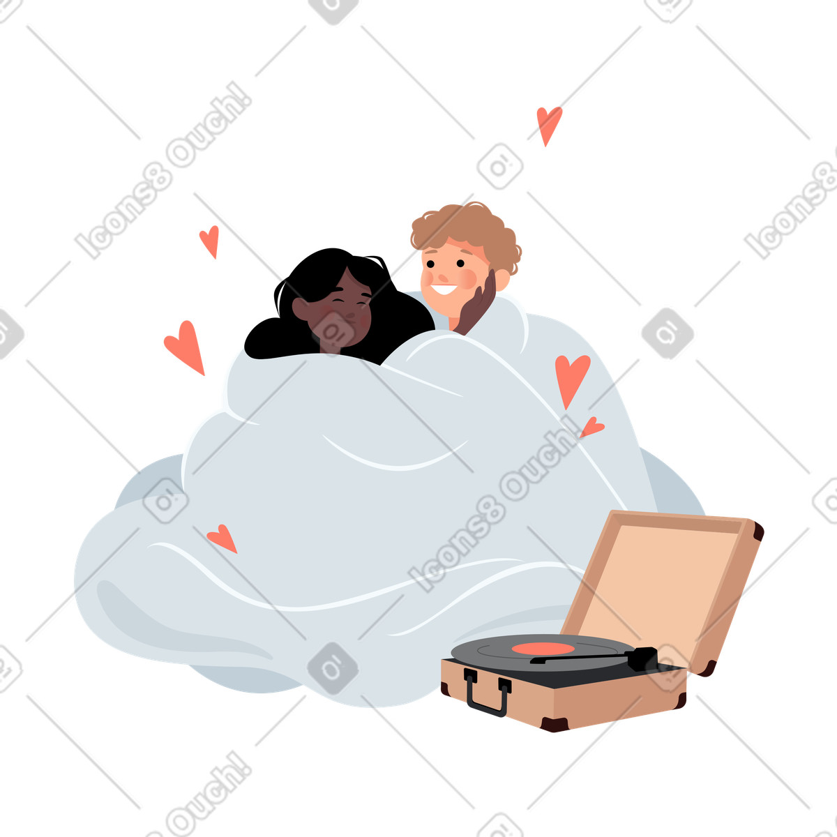 Ilustração de Amantes sentados no chão debaixo um cobertor ouvindo música em estilo Lagom para baixar em PNG, SVG