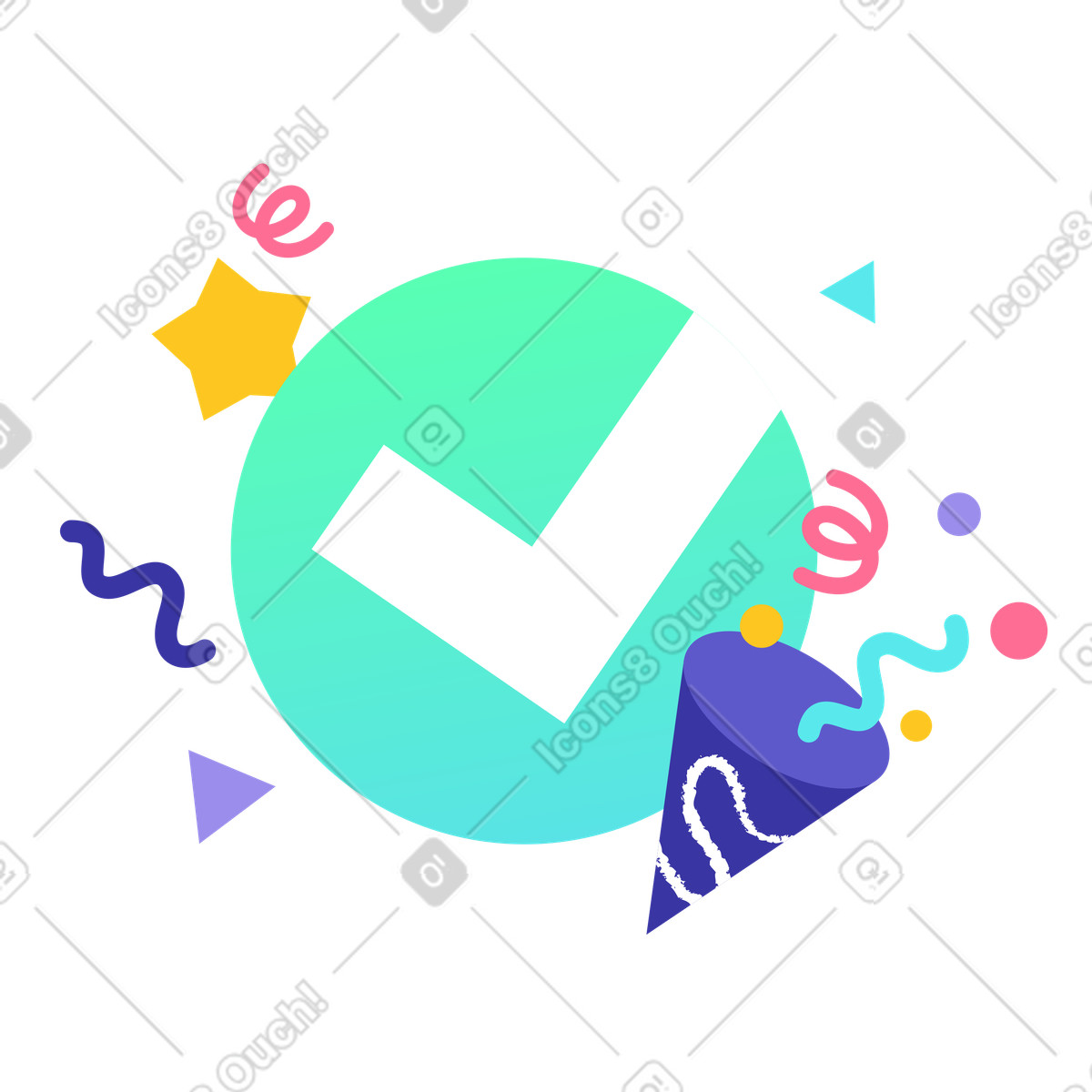 Check mark with confetti and party popper, success celebration and achievement illustration in PNG, SVG