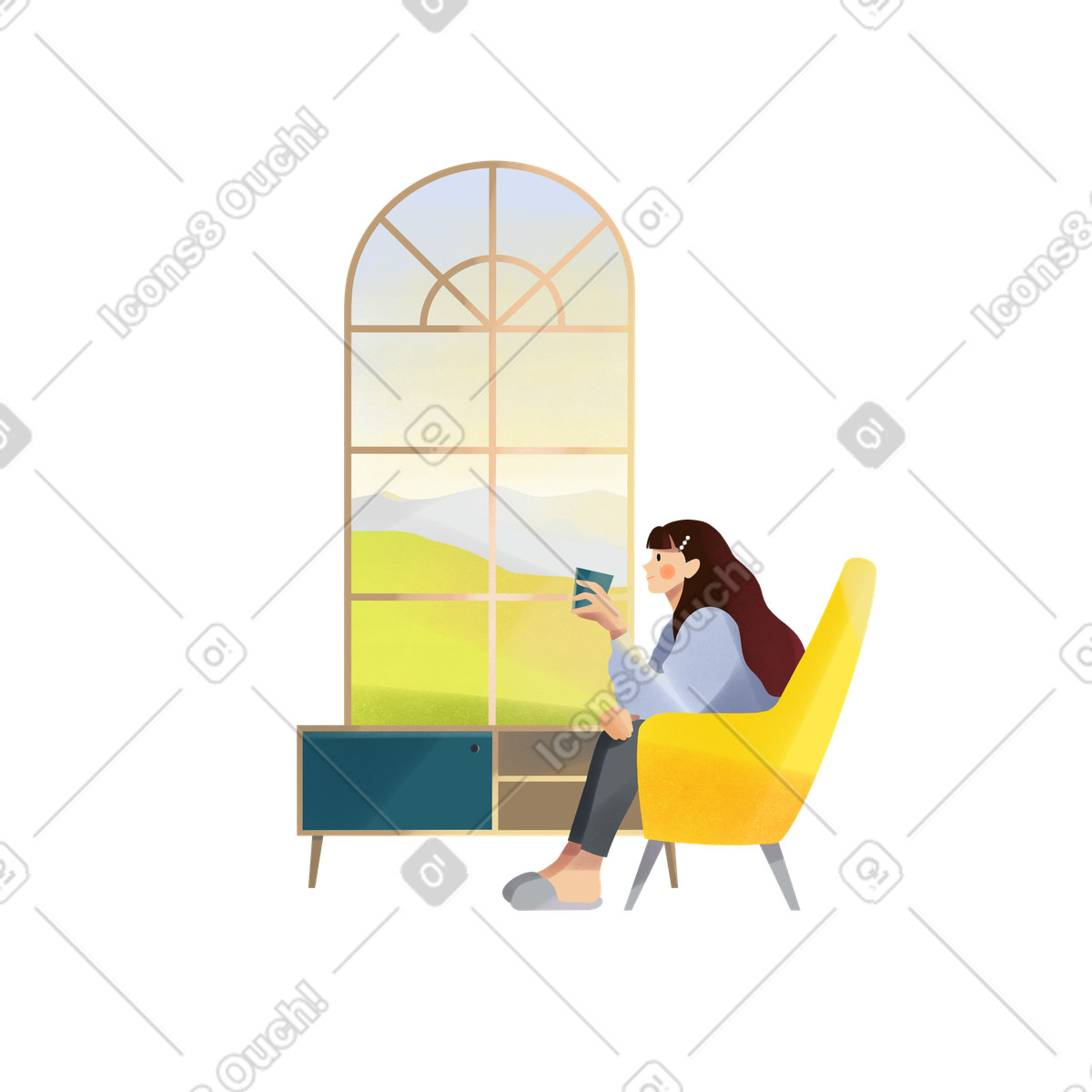 Una ragazza con tazza in mano siede vicino alla finestra un paesaggio estivo illustrazione stile Shine scarica PNG, SVG