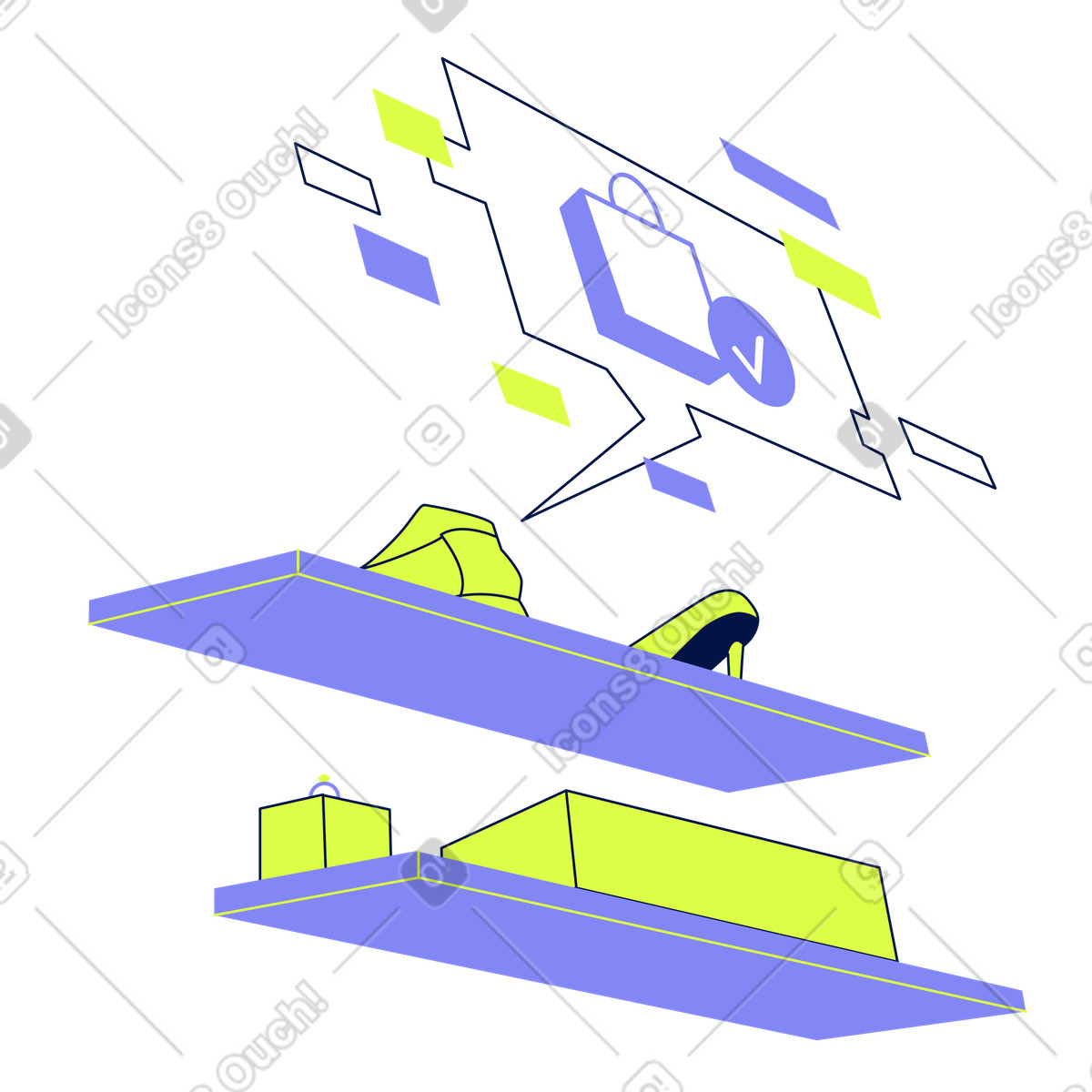 Illustration Digital shelves with products and purchase notification, Online retail e-commerce dans le style Glow à télécharger aux formats PNG, SVG