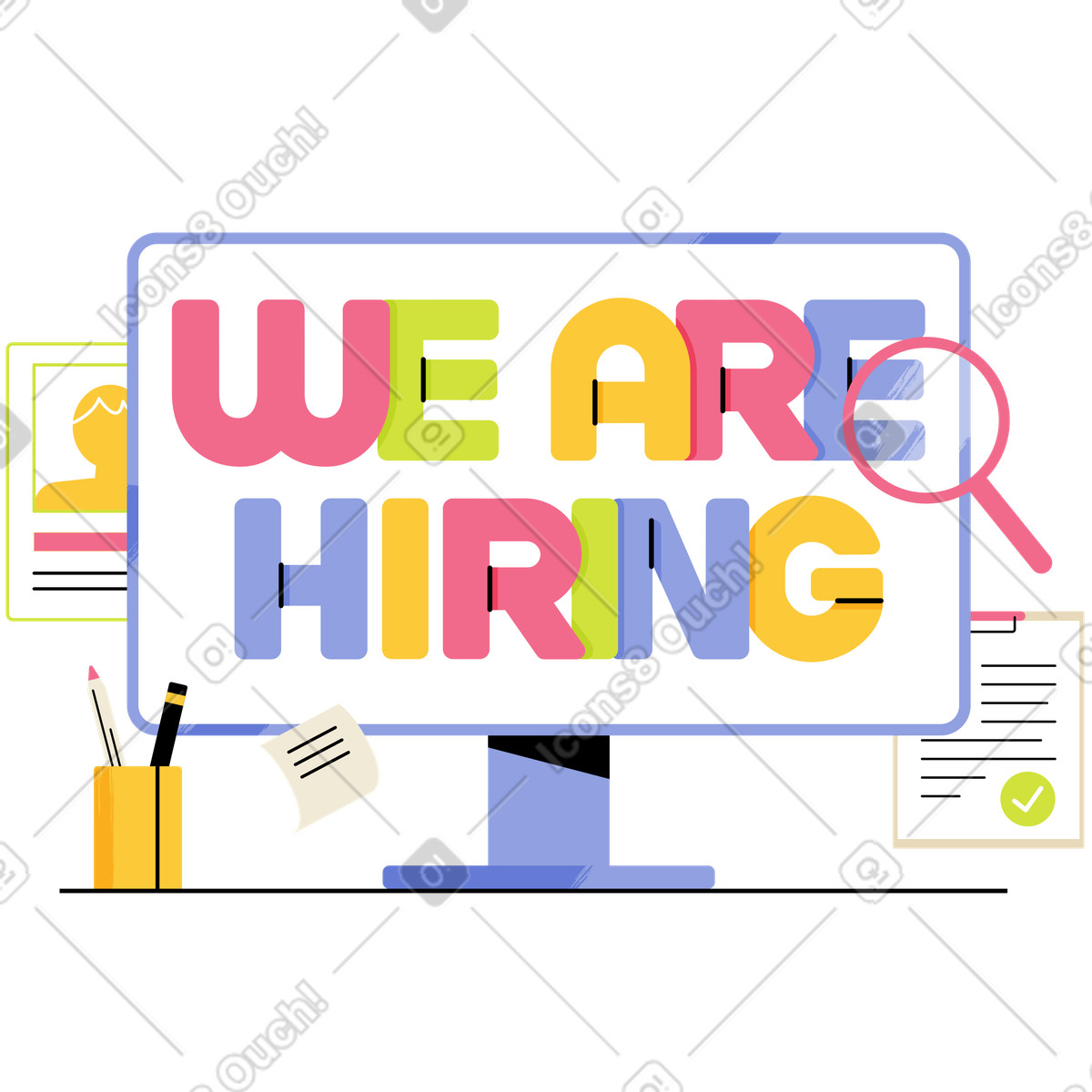 We are hiring sign on screen with resumes and magnifier, Human resources campaign illustration in Juicy style download in PNG, SVG