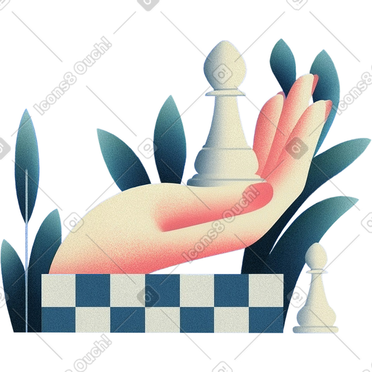 Mano che tiene una pedina su scacchiera illustrazione in stile Grainy scarica in PNG, SVG