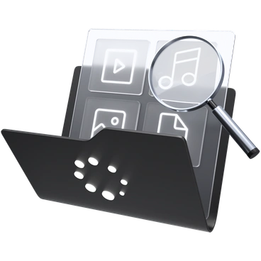 A folder with media icons and a magnifying glass - 3D Pro style illustration