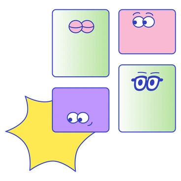 Colorful blocks with faces and a starburst - Eyeful style illustration