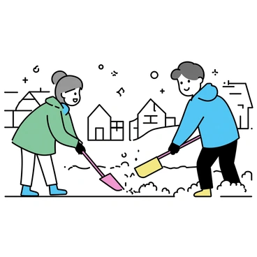 Two neighbors are shoveling snow from a driveway together. One neighbor, a man wearing a blue jacket and black gloves, is using a red shovel to scoop snow. The other neighbor, a woman dressed in a green parka and gray beanie, is pushing snow aside with a yellow shovel. Snow is piled high along the edges of the driveway, and flurries are gently falling from the sky. The scene is set in a suburban neighborhood, with snow-covered houses in the background.