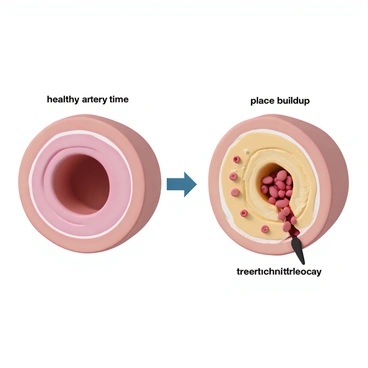 A detailed illustration showing the process of arteries getting clogged with plaque. The image features a cross-section of a healthy artery on one side, displaying smooth, clear walls and unobstructed blood flow. Transitioning to the other side, the artery is depicted with layers of plaque buildup, showcasing rough, uneven walls. Blood cells are shown struggling to pass through the narrowing passage. The plaque appears yellowish and thick, illustrating the accumulation over time. Labels highlight key features such as the healthy artery, plaque buildup, and restricted blood flow.