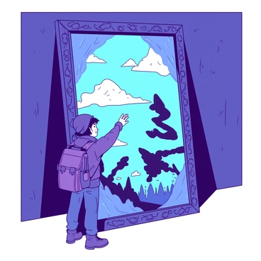 A large, ornate mirror with intricate designs carved into its frame stands in a dimly lit room. The mirror’s surface shimmers, reflecting different scenes of possible futures. In front of the mirror, there is a curious adventurer, dressed in rugged travel attire, with a look of wonder on their face. The adventurer reaches out a hand towards the mirror's surface, where one reflection shows a vibrant cityscape, another depicts a serene landscape, and a third presents a dark, stormy path. The ambient light in the room casts intriguing shadows, enhancing the mystical atmosphere surrounding the mirror.