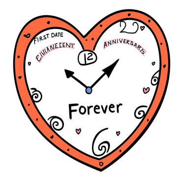A heart-shaped clock with a red and white color scheme. The clock's face features numbers arranged in a circular pattern, with significant moments in life related to love labeled in bold letters, such as "First Date" at 12 o'clock, "Engagement" at 3 o'clock, and "Anniversary" at 6 o'clock. The clock's hands are shaped like arrows, pointing at "Forever" at the center of the heart. Delicate swirls and small hearts decorate the clock's edges, enhancing the theme of love and time.