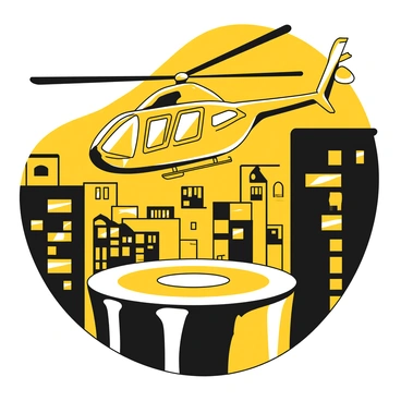 A helicopter with detailed rotor blades descends towards a helipad. The helipad is marked clearly with a white circular outline and is situated on top of a tall building. The helicopter's body is sleek and has windows reflecting the surrounding city. Below, the cityscape is visible with numerous buildings, each adorned with twinkling lights creating a vibrant skyline at night. The sky is dark, showcasing the contrast between the bright city lights and the shadows of the buildings.