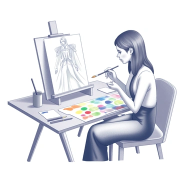 An artist is shown seated at a drawing table, intently examining a color palette filled with various hues. The artist, holding a paintbrush in one hand, is poised to apply color to a fashion illustration that is prominently displayed on the table. The illustration features a stylish figure wearing an elegant outfit, with intricate details such as flowing fabric and accessories. The artist's other hand is gesturing towards the palette, showcasing the selection process. Surrounding the setup are art supplies like pencils, sketch paper, and additional brushes, adding to the creative atmosphere.
