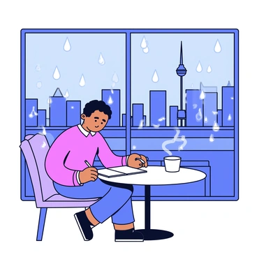 An artist sitting at a small round table inside a café. The artist has a sketchbook open in front of them, with a pencil in hand. Outside the window, raindrops are sliding down the glass, creating a blurred view of the city. In the background, Toronto's iconic skyline is visible, with the CN Tower standing tall. The streets are wet and glistening from the rain, reflecting the dim light of street lamps. A steaming cup of coffee sits on the table beside the artist. The overall atmosphere conveys a cozy, contemplative mood.
