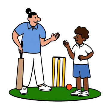 A light-skinned man with short black hair is standing on a cricket field, wearing a blue cricket jersey and white trousers. He has a confident expression, looking down at a young cricketer who is listening intently. The young cricketer has light brown skin and curly hair, wearing a white cricket shirt and dark blue shorts. The mentor is gesturing with one hand while the other hand is placed on his hip, showcasing a coaching posture. They are surrounded by cricket equipment, including bats and a ball, with a clear blue sky in the background.