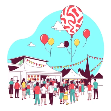 A white festival scene features a variety of pied balloons floating in the blue sky. The balloons are in different shapes and sizes, with patterns of red, yellow, and teal. Below the balloons, a crowd of people is celebrating, wearing colorful outfits and enjoying the festivities. Stalls with vibrant decorations and string lights are visible around the scene, enhancing the festive atmosphere.