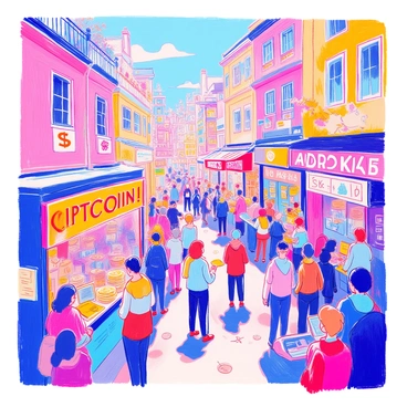 A bustling virtual marketplace is filled with numerous booths, each showcasing different cryptocurrencies. Brightly colored banners hang from the booths displaying the names and logos of various digital currencies. Small groups of people are gathered around each booth, engaged in discussions and trading activities. Some individuals are using laptops and tablets to track cryptocurrency values, while others are exchanging digital currency through their smartphones. The atmosphere is lively, with animated exchanges and digital screens flashing real-time market data. Various currency symbols can be seen prominently displayed throughout the marketplace.