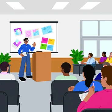 A guest speaker stands at a wooden lectern, engaging a captivated audience in a lecture hall at Newcastle University. The speaker, a middle-aged person with short dark hair and glasses, gestures animatedly while holding a colorful illustration portfolio. They are dressed in a casual blue shirt and jeans, and behind them, a large screen displays vibrant examples of illustration techniques. The audience consists of diverse students, some taking notes, others focused on the presentation. Bright overhead lights illuminate the room filled with stacked rows of black chairs and a few potted plants by the windows.