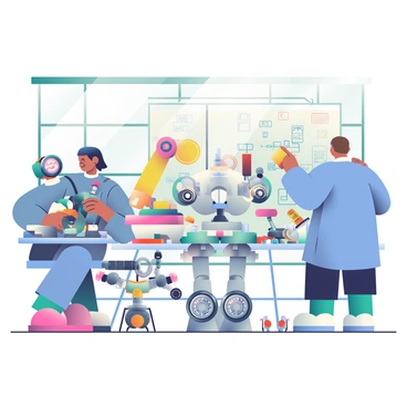 A robotics lab is filled with various prototypes made of metal and plastic components. In the foreground, an engineer with short black hair is focused on assembling a humanoid robot with blinking LED eyes. Nearby, another engineer in a blue lab coat is sketching new design ideas on a large whiteboard, which is covered with diagrams and notes. There are several robotic arms mounted on a workbench, each equipped with different tools. Various circuit boards and electronic components are scattered across the tables, along with a few small drones and wheeled robots in various stages of construction. The lab is brightly lit with fluorescent lights, and large windows allow natural light to filter in.