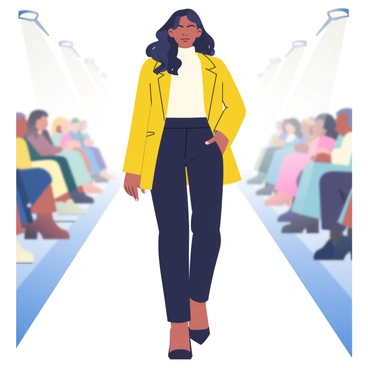 A model with medium skin tone is walking confidently down a catwalk. She has long, flowing black hair styled in loose waves. The outfit she is wearing consists of a fitted, bright yellow blazer over a white, high-neck blouse and tailored black trousers. Her footwear is a pair of sleek, pointed-toe black heels. The model's expression is focused and determined, and she is striking a pose with one hand on her hip. The catwalk is illuminated with bright lights, emphasizing the fashion and creating a dynamic atmosphere around her. The background features a blurred audience, adding depth to the scene.