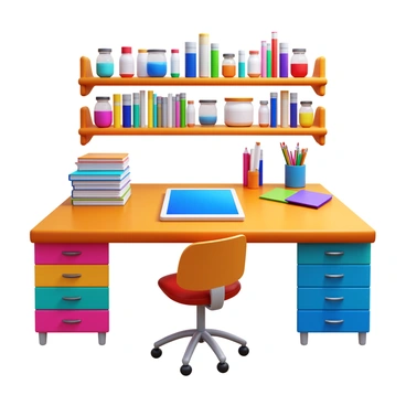 A neatly organized illustrator's workspace featuring a large wooden desk. The desk holds a graphic tablet, stacks of sketchbooks, and an assortment of colored markers. Above the desk are shelves filled with neatly arranged art supplies, including jars of paint, brushes, and reference books. To the side, there are labeled drawers in various colors, each designated for specific materials such as pencils, inks, and papers. A comfortable chair is positioned at the desk, creating a functional and inspiring environment for creativity.