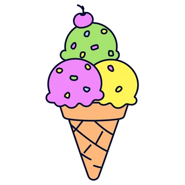 A whimsical ice cream cone with a textured waffle pattern. The cone is filled with three colorful scoops of ice cream, one pink, one green, and one yellow. Each scoop is topped with a generous amount of multi-colored sprinkles. The ice cream is drizzling slightly over the edges of the cone, and a cherry sits on top of the highest scoop. The background is plain to emphasize the ice cream cone.