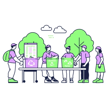 A group of participants is engaged in a recycling workshop held outdoors. In the center, a large table displays various recycling bins labeled with "plastic," "paper," and "metal." Several participants, including a man with a green backpack and a woman wearing a purple cap, are sorting items into the appropriate bins. In the background, trees are visible, providing shade and a natural setting. The sky above is clear, and a flip chart stands beside the table, showcasing recycling statistics and tips. Each participant appears focused and interested in learning about environmental practices.