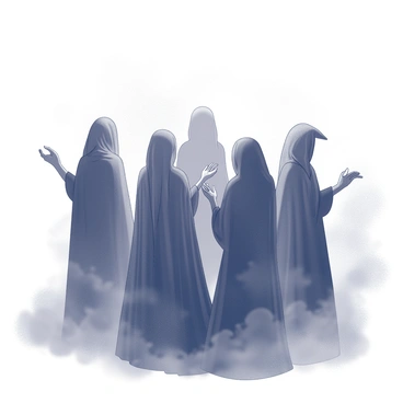 A group of witches stands together in a dense, eerie mist that swirls around them, obscuring their faces. Each witch is draped in flowing robes that hang loosely from their shoulders, creating an air of mystery. Their hands are raised, casting spells or holding mystical objects. The mist gently envelops their figures, enhancing the enigmatic atmosphere. Shadows play across their silhouettes, adding to the sense of intrigue surrounding their presence.
