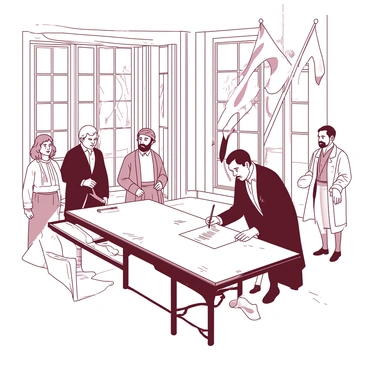 In a historical setting, two leaders are standing at a large wooden table, each holding a quill, poised to sign a document that represents a peace treaty. The leaders are dressed in formal attire, reflecting their respective cultures and time periods. Behind them, there are several flags displayed prominently, each representing different nations, fluttering gently in the air. The setting includes ornate architecture with large windows, allowing natural light to illuminate the scene, and vintage decor that adds authenticity to the historical atmosphere. A few advisors are visible in the background, observing the momentous occasion with expressions of anticipation.