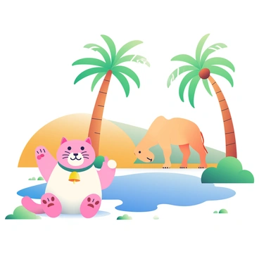 A lucky cat with a white coat and a golden bell is sitting by a desert oasis. The cat has one paw raised in a beckoning gesture. In the background, there are tall palm trees swaying gently, their green fronds contrasting against the sandy landscape. A couple of camels are grazing near the water, their tan bodies reflecting the sunlight. The oasis has a clear blue water surface, surrounded by patches of green vegetation, creating a vivid focal point in the arid environment.