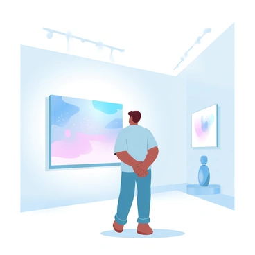 A patron stands in front of a large abstract painting displayed on a white wall within a modern art gallery. The patron is wearing a casual outfit, holding their hands behind their back as they examine the artwork. The painting features bold splashes of color and intricate patterns blending together, creating a dynamic visual experience. Subtle, soft lighting illuminates the painting, enhancing the vibrancy of the colors. The gallery has minimalistic decor, with polished wooden floors and a few scattered contemporary sculptures in the background.