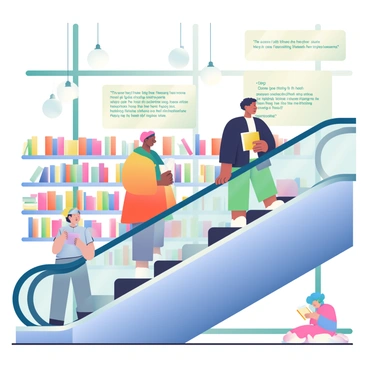 A group of diverse individuals is riding an escalator in a futuristic library at Kingston University. The escalator is sleek and metallic, blending seamlessly with the surrounding architecture. The library features large glass windows that allow natural light to flood in, highlighting modern bookshelves filled with colorful books. On the escalator, a woman with dark skin is standing beside a man with light skin, both engaged in conversation. A third person, a teenager with bright blue hair, is reading a book while standing to the side. Above them, hanging light fixtures emit a soft glow, creating a warm atmosphere. The walls of the library are adorned with digital information panels displaying various literary quotes.