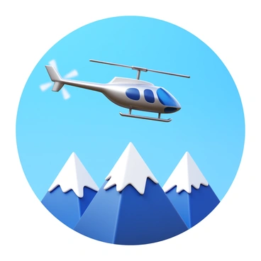 A sleek private helicopter with a shiny metallic body in mid-flight. The helicopter has a dynamic rotor blade design, creating a sense of motion. Below, there are majestic snow-capped mountains with sharp peaks, their white tops glistening in the sunlight. The sky above is clear and bright blue, accentuating the contrast between the helicopter and the mountain range.