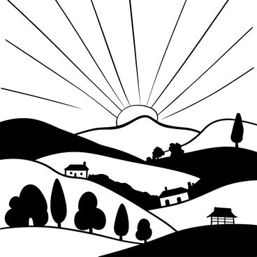 A black-and-white illustration depicting the Paro Valley at sunrise. Rays of light extend from above, illuminating the rolling hills and the Bhutanese landscape. Silhouettes of traditional wooden houses and tall trees are scattered throughout the valley. A distant mountain range can be seen in the background, adding depth to the scene. The overall composition highlights the contrast between light and shadow, emphasizing the natural beauty of the valley.