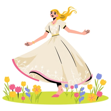 Juliet is wearing a whimsical gown that flows elegantly around her as she twirls. The gown features intricate patterns with bright colors, giving it a magical appearance. She is surrounded by a vibrant field filled with various flowers in shades of pink, yellow, and blue. The sunlight casts a warm glow, illuminating the scene and creating a cheerful atmosphere. Juliet's hair flows freely in the breeze, adding to the enchanting moment of her joyful twirling.