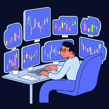 A focused trader is sitting in a dimly lit room, surrounded by multiple monitors displaying various Forex data. The monitors show colorful graphs, currency pairs, and candlestick charts. The trader is wearing glasses and has a concentrated expression while typing on a keyboard. A desk cluttered with notes and a coffee cup is visible. The faint glow from the monitors adds a contrast to the dark surroundings.