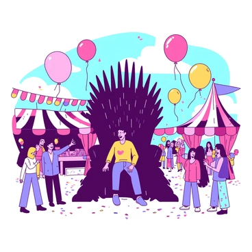 A large, imposing "Iron Throne" is situated prominently in the center of a lively carnival scene. Surrounding the throne, there are vibrant "balloons" of various shapes and colors floating in the sky. Groups of "joyful people" of different ages and ethnicities are gathered, smiling and laughing, some taking pictures with the throne. Colorful "carnival decorations" such as banners and streamers hang from nearby stalls, enhancing the festive atmosphere. The ground is covered in a mix of "colorful confetti" scattered all around, adding to the celebratory feel of the scene.