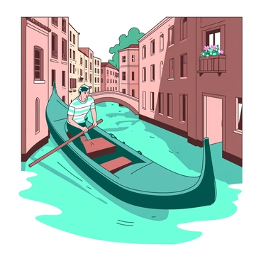 A teal gondola is gliding smoothly down a narrow city canal, with water gently rippling around its sides. Inside the gondola, a gondolier wearing a traditional striped shirt is skillfully steering with a long pole. The canal is flanked by old brick buildings with colorful flowers adorning the balconies. The gondolier has a focused expression as he navigates the serene waters, reflecting the charm of the city. Sunlight casts soft shadows, enhancing the picturesque scene.