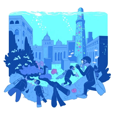A group of divers in blue wetsuits is exploring an underwater city set designed for a movie. The scene features grand, intricately designed buildings with detailed facades, resembling ancient architecture. Bubbles rise as the divers swim, their expressions filled with awe. Sunlight filters down through the water, illuminating the vibrant coral and marine life surrounding the city set. In the background, a large, ornate pillar stands tall amidst the ruins, covered in colorful algae and sea creatures. The divers are using flashlights to examine the set, revealing hidden details and props scattered around the site.