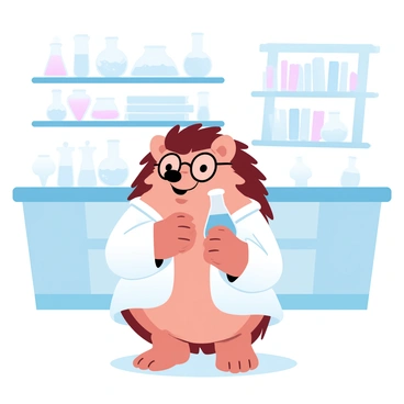 A hedgehog wearing glasses is standing on two legs, holding a tiny beaker in its front paws. The hedgehog is dressed in a white lab coat that drapes slightly over its rounded figure. The laboratory is filled with various scientific equipment, including flasks and test tubes arranged on a countertop. In the background, there are shelves lined with books and more lab instruments, contributing to the scientific atmosphere of the scene.