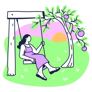 Sarah is sitting on a tree swing hanging from a strong branch of an apple tree in an orchard. She has long hair flowing down her back and is wearing a light summer dress. The swing moves gently back and forth as she enjoys the moment. The orchard is filled with ripe apples hanging from the branches, and the ground is covered with soft green grass. In the background, the sun is setting, casting warm light across the scene and creating long shadows. The sky is filled with shades of orange and purple, enhancing the tranquil atmosphere of the orchard.
