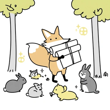 A fox with a fluffy orange coat and white-tipped tail is standing upright. It is holding several rolled-up newspapers in its mouth, secured tightly. The fox is surrounded by a variety of woodland creatures including a curious rabbit, a wise owl perched on a nearby branch, and a couple of squirrels sitting on the ground. Each creature looks eager and attentive, awaiting their daily news. The scene is set in a grassy clearing under the shade of tall trees, with morning light filtering through the leaves.