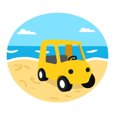 A bright yellow golf cart parked on a sandy beach with golden grains of sand. The cart is positioned at an angle, facing the ocean. Nearby, gentle waves are rolling in, creating soft foamy edges as they touch the shore. In the background, a clear blue sky stretches above, with a few wispy clouds scattered. The scene captures the vibrant colors of the beach and the tranquility of the natural surroundings.
