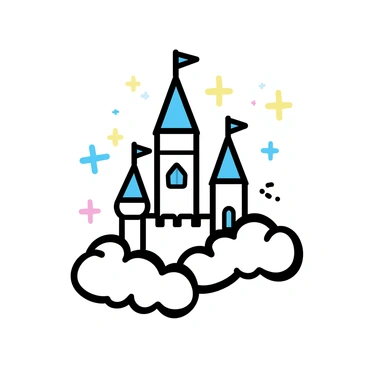 A tall, enchanted castle with multiple towers and flags waving on top sits majestically against a backdrop of fluffy clouds. The castle features intricate stonework and large arched windows. Surrounding the castle are soft, glowing fairy lights that twinkle gently in various colors. The clouds appear billowy and light, framing the scene and creating a dreamy atmosphere.