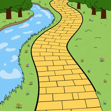 A winding yellow brick road stretches alongside a gentle riverbank. The bricks are vibrant and shiny, catching the light as they curve through the landscape. On one side of the road, a clear river flows, reflecting the blue sky and green trees lining its banks. The river is bordered by patches of grass and colorful wildflowers swaying slightly in a light breeze. The scene is bright and cheerful, inviting viewers to imagine a journey down this whimsical path.