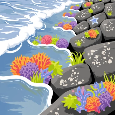 A close-up view of colorful tide pools along a rocky shoreline. The tide pools are filled with vibrant marine life, including small orange and purple sea anemones, green seaweed, and blue starfish. The rocky surface is covered in patches of wet, dark gray stones with barnacles. In the background, you can see splashes of white foam as waves crash against the rocks. Sunlight casts reflections on the water, creating a shimmering effect in the tide pools.