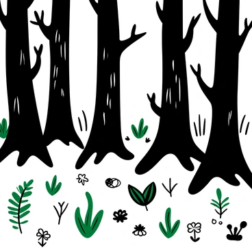 A dense forest scene displaying tree trunks with charred bark, remnants of a past wildfire. Small green saplings and ferns are emerging from the ground, showcasing fresh growth among the scorched earth. Various shapes of young plants, including delicate wildflowers, are scattered throughout the scene. In the background, towering trees with blackened branches contrast against the vibrant new vegetation. Sunlight filters through the canopy, highlighting the resilience of nature in this recovering ecosystem.